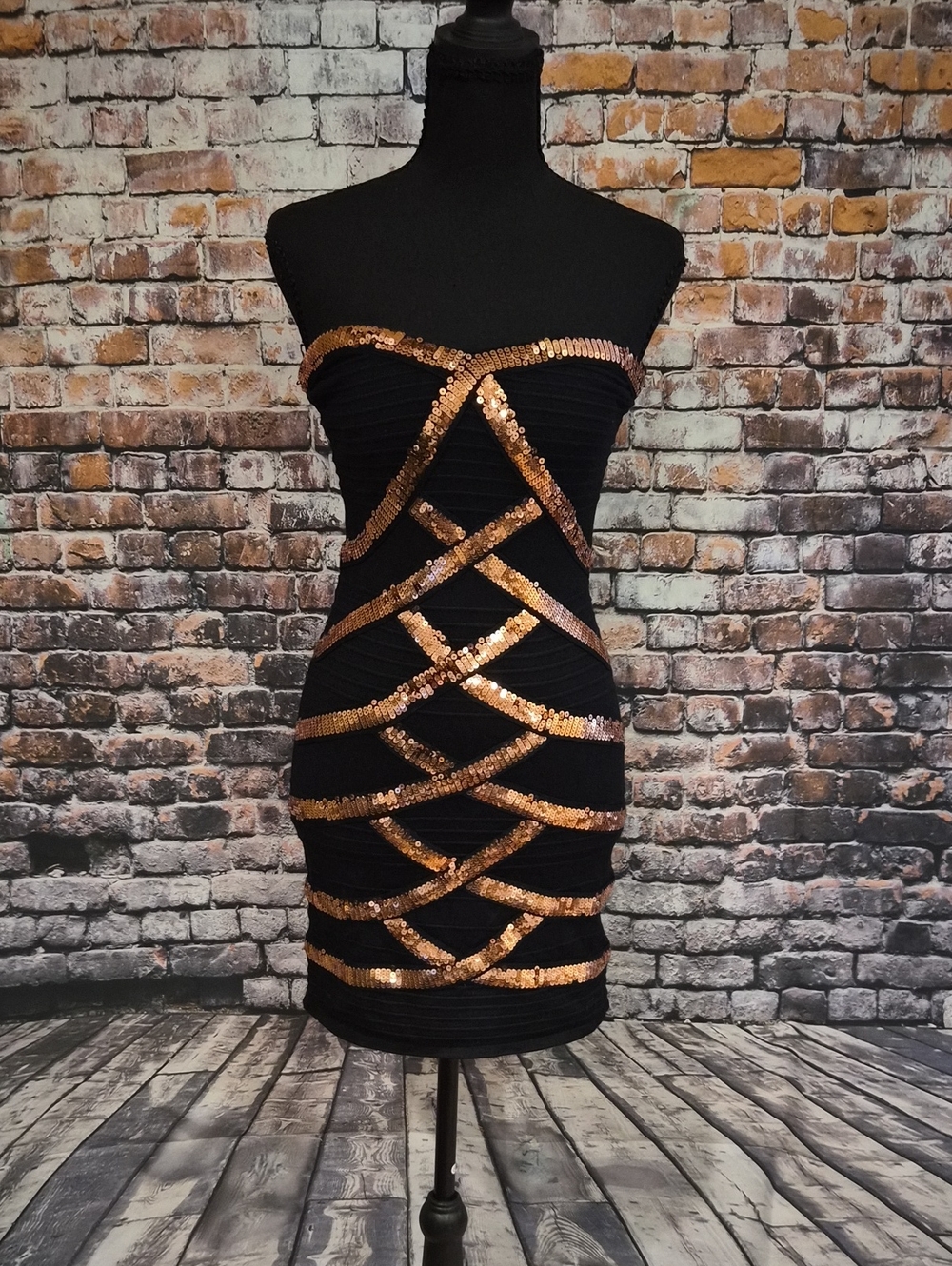 2B Bebe Black Strapless Mini Dress with Gold Sequin Bands